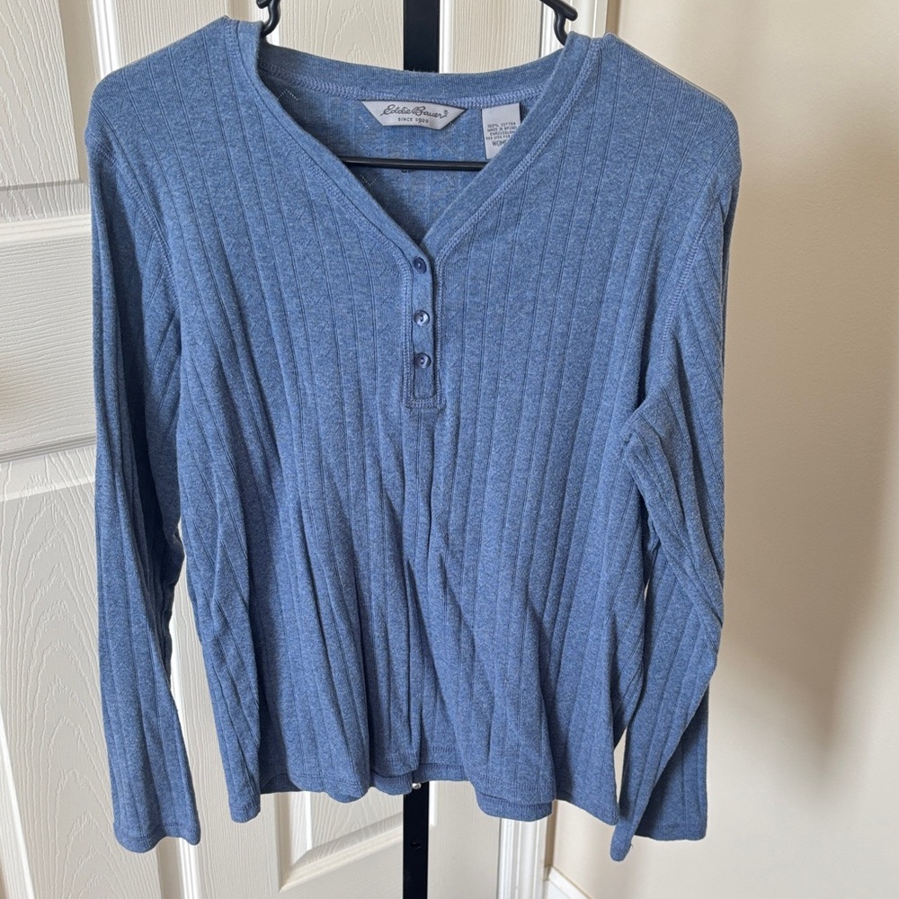 Eddie Bauer Slate Blue Ribbed Henley Long Sleeve Top